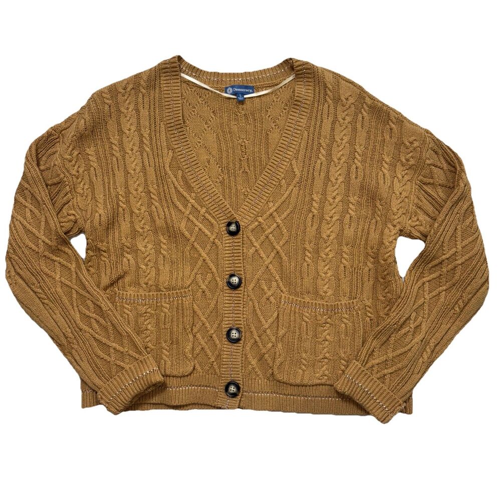 Democracy Women’s L Brown Cable Knit Button Up Cardigan Sweater Casual